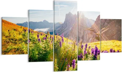 Produktbild von Bild auf Leinwand - Leinwandbild - Berge Wiese Blumen - 125x70cm - Wand Bild - Wanddeko - Leinwanddruck - Bilder - Kunstdruck - Wanddekoration - Leinwand bilder - Wandkunst - EA125x70-4008