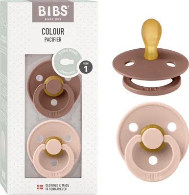 Produktbild von BIBS Colour Symmetrical Schnuller 2er Pack, BPA-frei Dummy-Schnuller, Symmetrischer Nippel. Naturkautschuk / Latex, Hergestellt in Dänemark. Größe 1 (0-6 Monate), Woodchuck / Blush