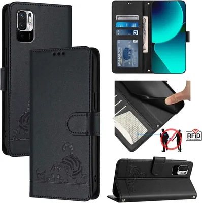 Obrázek produktu pro Kožené pouzdro pro Xiaomi Redmi Note 10 5G/Poco M3 Pro 5G, sladká kočka Flip pouzdro s funkcí stojánku a peněženkou černé