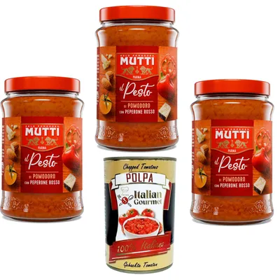 Produktbild von 3x Mutti Pesto arancione di pomodoro, -45% des Fetts, Pesto mit gelben Kirschtomaten, Mandeln und Pecorino -Käse 190g + Italian Gourmet polpa 400g