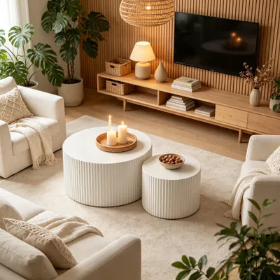 Produktbild von williamspace Wohnzimmer-Kaffeeset 'Wave' in Weiß - 2-tlg. runde Couchtische mit wellenförmiger Struktur, modernes Nesting Set
