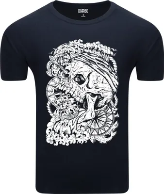Produktbild von Diarbo Herren T-Shirt mit Meeresdruck Piratenschädel und Schiff Dunkelblau Gr.S