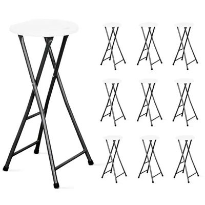 A collection of white folding bar stools on a white background.
