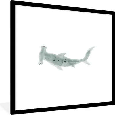 Produktbild von MuchoWow® MuchoWow® Gerahmtes Poster Hai - Fisch - Grau - Aquarell 40x40 cm - Poster mit zchwarzem Bilderrahmen - Poster - Plakat im Rahmen