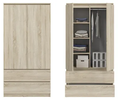 Produktbild von Kleiderschrank Schrank sonoma 180cm Höhe 90cm Breite mit 2 Schubladen, 3 Einlegeböden und Kleiderstange Haushaltsschrank Organizer aus MDF Holz