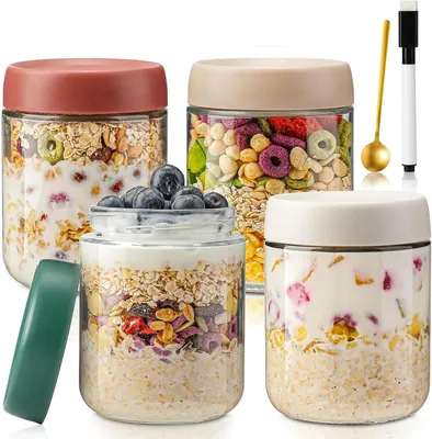 Produktbild von Overnight Oats Gläser, 4 Stück 500ml Einkochgläser, Einmachgläser mit Schraubdeckel für Marmelade, Babynahrung, Einlegen