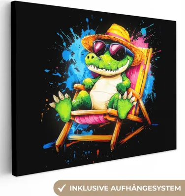 Produktbild von MuchoWow® - Leinwandbilder - Graffiti - Sommer - Krokodil - Lustig, Wandbild, Wanddeko Bilder Wohnzimmer, 80x60 cm