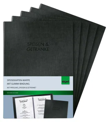 Produktbild von SIGEL SM111/5 Speisekarten-Mappen mit Gummi-Bindung für A4, 5-er Pack, schwarz m