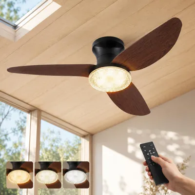 Image de Ventilateur de plafond de 100 cm avec éclairage et télécommande, compatible avec une application, lampe de plafond LED, variateur d'intensité avec 6 niveaux, ventilateur de plafond à 3 pales avec lumière