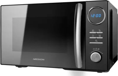 A black Medion microwave oven is shown in a studio setting against a white background.