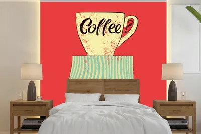Produktbild von MuchoWow® Fototapete für Wohnzimmer oder Schlafzimmer Wandtapete Vinyl Motivtapete Kaffee? - Vintage - Kaffeebecher - Sprüche - Zitate - 350x350 cm - Schlafzimmertapete