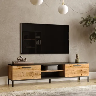 Produktbild von Stolik TV Lempäälä Lowboard 160 cm z 2 drzwiami i 2 półkami metalowe nogi dąb rustykalny / antracyt
