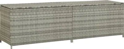 A long, rectangular outdoor storage box made of gray poly rattan.