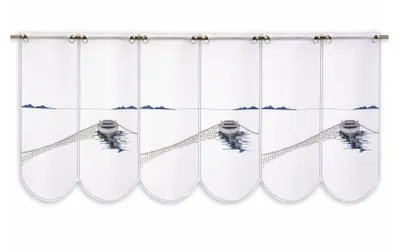 Produktbild von Scheibengardine Fischerboot bestickt Bistrogardine blau Höhe 45cm BxH 64x45cm