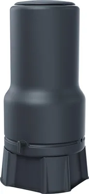 A dark gray rain barrel with a lid and a spigot at the base, shown on a white background.