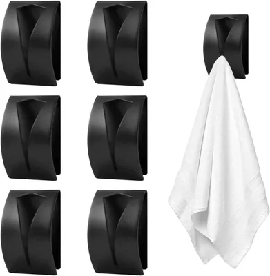 Produktbild von 6 schwarze selbstklebende Handtuchklemmen aus Edelstahl ohne Bohren für Badezimmer und Küche