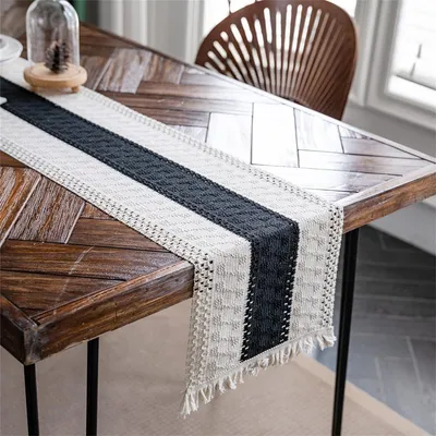 Obrázek produktu pro Běhoun na stůl z bavlněného plátna se střapci v boho stylu, obdélníkový ubrus z háčkované krajky