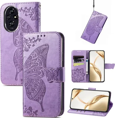 Produktbild von Für Honor 200 Kunstleder Wallet Handy Tasche Schmetterling Design Hülle Etuis Hell-Lila