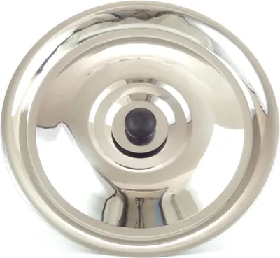 A top-down view of a stainless steel pot lid with a black handle.