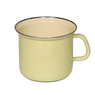 A single yellow enamel mug with a silver rim and handle is shown against a white background.