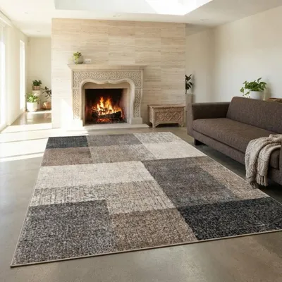 Produktbild von TapisTrend Designerteppich Beige 140x200 cm Moderner Teppich mit großen rechteckigen Blöcken und Patchwork-Effekt für Wohnzimmer, Schlafzimmer und Esszimmer