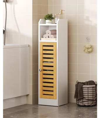 Produktbild von Badezimmerschrank schmal mit Bambustür 20x18x80 cm Weiß