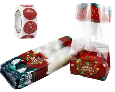 100 Weihnachts-Keksbeutel, durchsichtig, mit Zugband, 22,5 cm