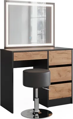 Produktbild von Schminktisch Vicco Sherry Anthrazit/Goldkraft Eiche 90 x 75 cm mit LED-Spiegel und Hocker, Model 52036