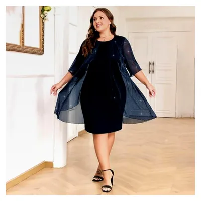 Produktbild von Cocktailkleid für Damen in großen Größen, elegantes Abendkleid mit Rundhalsausschnitt, glitzerndes Partykleid, Midikleid, Freizeitkleid, lockeres kurzes Kleid, schickes Tunikakleid, Bodycon-Kleid, kurviges Kleid, Bleistiftkleid