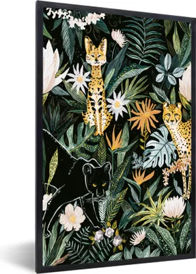 Produktbild von MuchoWow® MuchoWow® Gerahmtes Poster Dschungel - Pflanzen - Panther 60x90 cm - Poster mit zchwarzem Bilderrahmen - Kunst