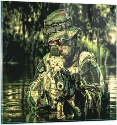 Produktbild von Bilder auf glas - Soldat Gewehr - 30x30cm - Glasbilder - Wandbilder - Bilder - Kunstdruck - zum Aufhängen bereit - Wanddekoration aus Glas - Glas Bilder - Wandbild auf Glas - Einteilig - GAC30x30-3945