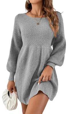 Immagine prodotto di Inovra - Abito da donna, taglio alto, in maglia, con maniche a sbuffo, modello a trapezio, mini-abito, casual/comodo, tipo maglione