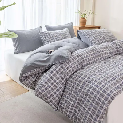 Obrázok produktu pre Sada posteľnej bielizne 220x240 cm, kockovaná, mikrovlákno, modrá a svetlomodrá, s 2 vankúšovými obliečkami 80x80 cm