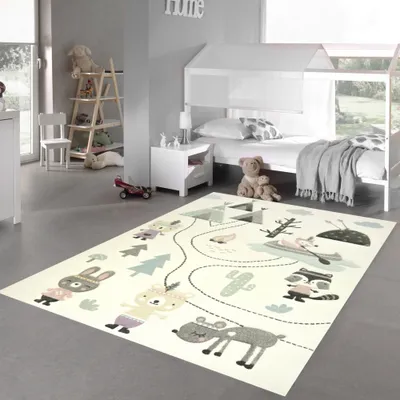 Zdjęcie produktu dla Dywanik do pokoju dziecięcego - Misie na kempingu - kremowo-turkusowy Rozmiar - 140 x 200 cm