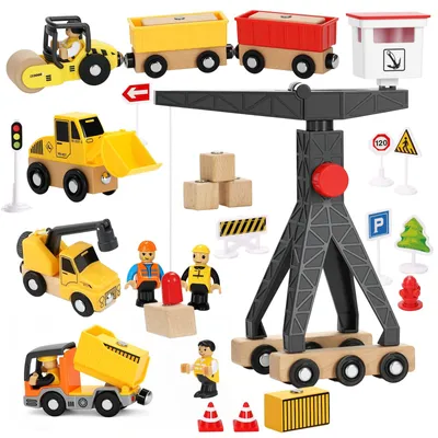 Imagen del producto de Juguetes de madera, vehículos de construcción con grúa torre, set de 29 piezas, para niños a partir de 3 años
