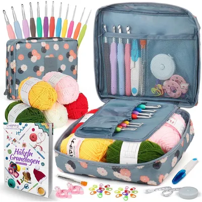 Image de Kit de crochet pour débutants comprenant 12 crochets ergonomiques de 2,0 à 8,0 mm, de la laine, des accessoires et une pochette