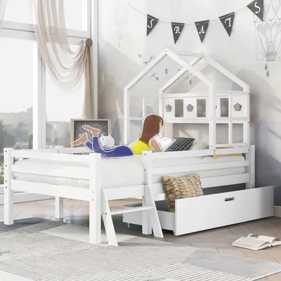 Productafbeelding van Huisbed 90x200 cm met ladder, lade en uitvalbeveiliging, halfhoogslaper voor kinderen van massief hout, inclusief lattenbodem, grenenhout, wit (zonder matras)