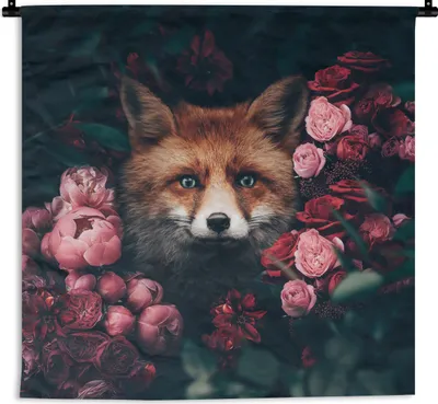 Produktbild von MuchoWow® Wandteppich Wandbehang Fuchs - Blumen - Tiere 150x150 cm Tapisserie Dekoration Wandtuch - Wohnaccessoires - Modernes