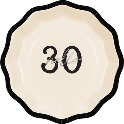 Zdjęcie produktu dla Talerzyki papierowe ''Hello 30'' trzydziestka, 18 cm, 6szt