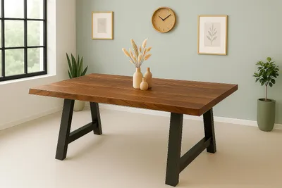 Produktbild von Esstisch Baumkante Akazie massiv 50mm Nussbaum 260 x 100 cm A-Gestell schwarz CALI