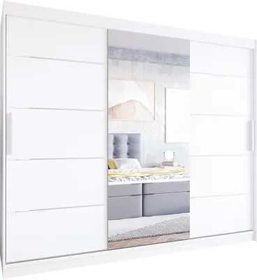 Produktbild von Easy4You LVI 250 cm Weiß Schiebetüren Kleiderschrank 250x215x58 cm mit Spiegel - Schlafzimmermöbel, Aufbewahrung - Mehrzweckschrank
