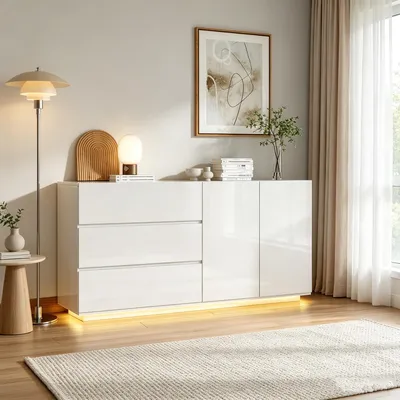 Immagine prodotto di Comò INONEFT, bianco lucido, mobile contenitore moderno con illuminazione a LED, 3 cassetti, 2 ante, 160 cm di larghezza, mobile buffet, mobiletto da cucina, mobile soggiorno