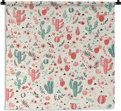 Produktbild von MuchoWow® Wandteppich Wandbehang Kaktus - Blumen - Pastell - Muster 90x90 cm Tapisserie Dekoration Wandtuch - Wandaufhänger
