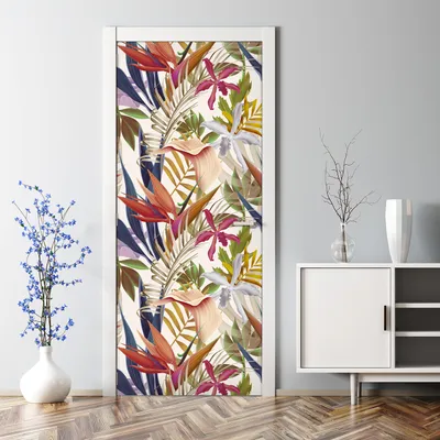 Produktbild von Dekorative Aufkleber selbstklebend Türaufkleber Türposter  Tropische farbenfrohe Pflanzen 77 x 200 cm