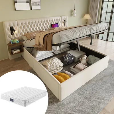 Image de Ensemble complet pour chambre à coucher comprenant un lit rembourré 160 x 200 cm, 2 tables de chevet et un matelas – Lit à rangement hydraulique avec revêtement en velours, tête de lit avec lampe de lecture et port USB, beige