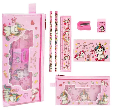 Immagine prodotto di Set di cancelleria a tema unicorno, composto da 7 pezzi: astuccio, matite, righello, quaderno, temperino, gomma da cancellare, ideale per bambine