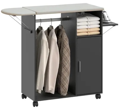 Produktbild von Bügelschrank auf Rollen mit ausklappbarem Bügelbrett und Kleiderstange, 127x42,5x99 cm, Schwarz - 3-fach verstellbarer Boden - 4 PolyurethanLenkrollen - Leinenoptik-Bezug