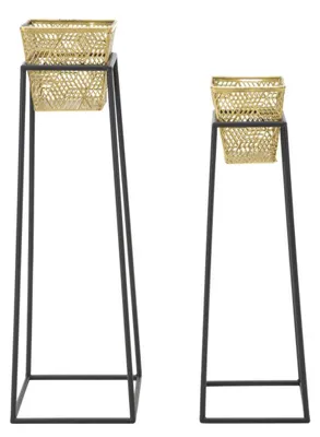 Produktbild von 2er-Set Quadratische Pflanzenständer aus Goldfarbenem und Schwarzem Eisen – 23 x H 70 und 20 x H 60 cm