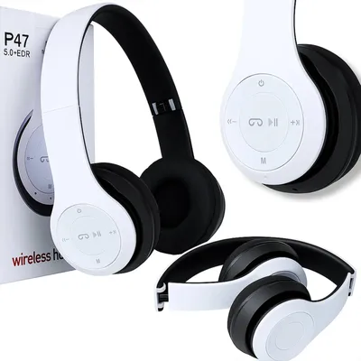 Zdjęcie produktu dla Słuchawki bezprzewodowe nauszne bluetooth P47 MP3 microSD z mikrofonem składane białe gaming sportowe USB C jack