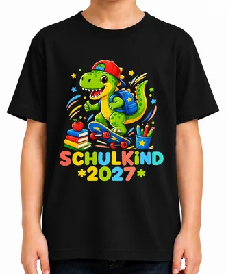 Productafbeelding van T-shirt voor kinderen, zwart, maat 140, met het thema "Dino Skateboard" voor de eerste schooldag in 2027. Geschikt als cadeau voor de start van de basisschool
